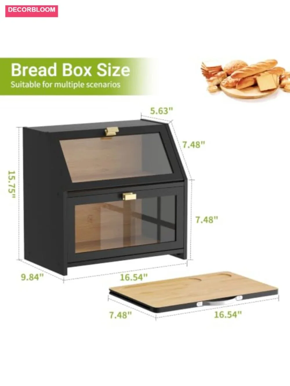 Bamboo Bread Box with Cutting Board, Double Layer Extra Large Capacity, Clear